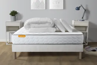 Pack lit complet 140x190 cm - Matelas + Sommier Blanc + 2 oreillers + Couette - Memo