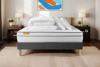 Pack lit complet 140x200 cm - Matelas + Sommier Gris + 2 oreillers + Couette - Memo Luxe
