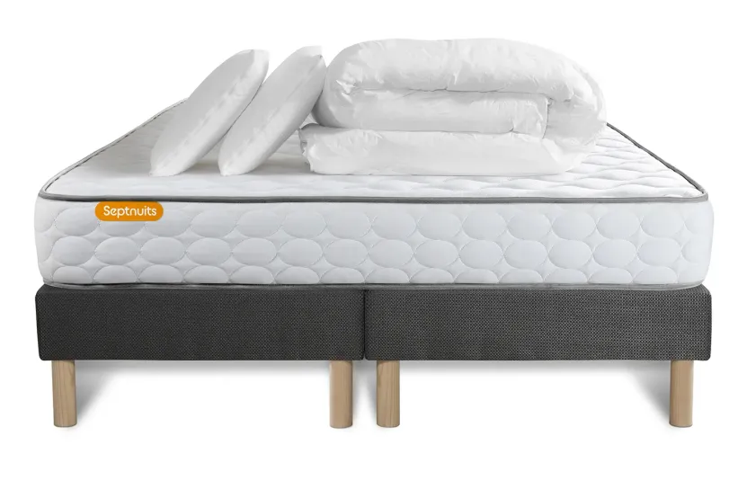 Pack lit complet 180x200 cm - Matelas + 2 Sommiers Gris + 2 oreillers + Couette - Memo