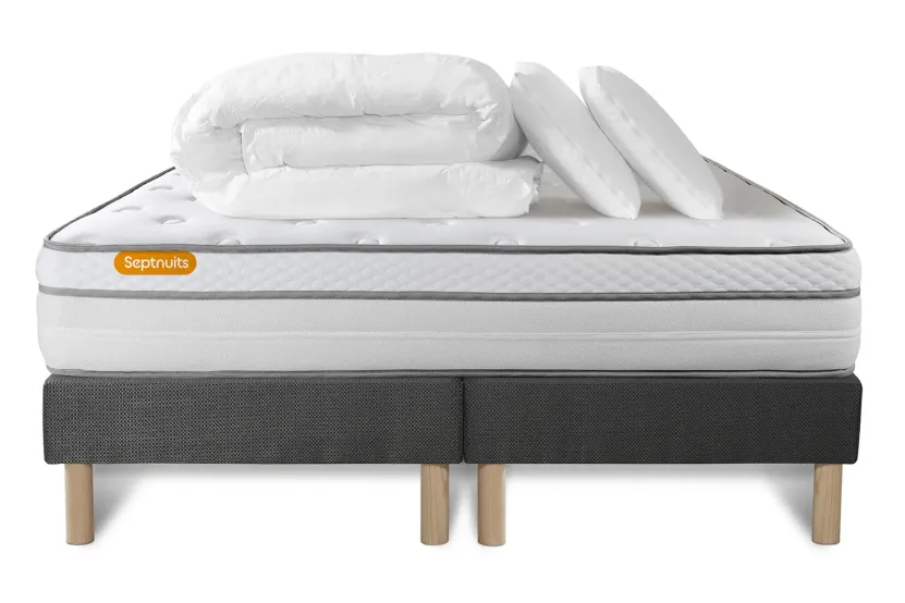 Pack lit complet 160x200 cm - Matelas + 2 Sommiers Gris + 2 oreillers + Couette - Memo Luxe