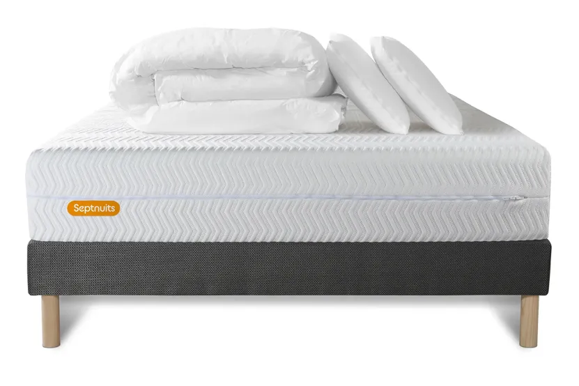 Pack lit complet 160x200 cm - Matelas + Sommier Gris + 2 oreillers + Couette - Memo Bio