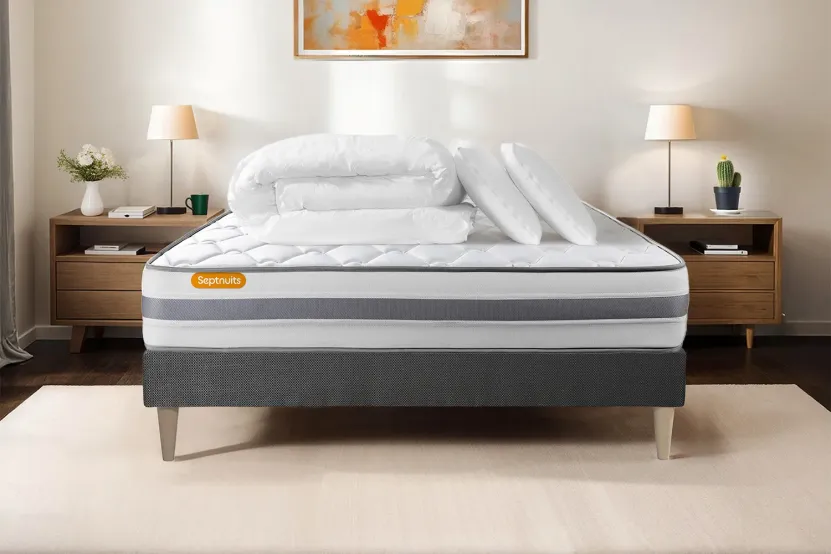 Pack lit complet 140x200 cm - Matelas + Sommier Gris + 2 oreillers + Couette - Memo Spring