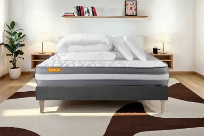 Pack lit complet 160x200 cm - Matelas + Sommier Gris (en kit) + 2 oreillers + Couette - Memo Plus
