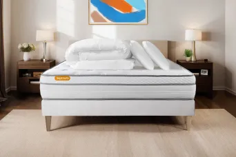 Pack lit complet 160x200 cm - Matelas + Sommier Blanc (en kit) + 2 oreillers + Couette - Memo Luxe