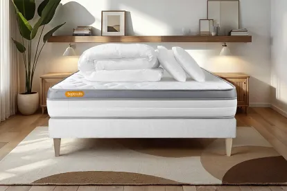 Pack lit complet 140x200 cm - Matelas + Sommier Blanc (en kit) + 2 oreillers + Couette - Memo Zen