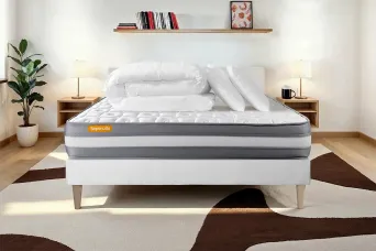 Pack lit complet 140x200 cm - Matelas + Sommier Blanc (en kit) + 2 oreillers + Couette - Memo Plus