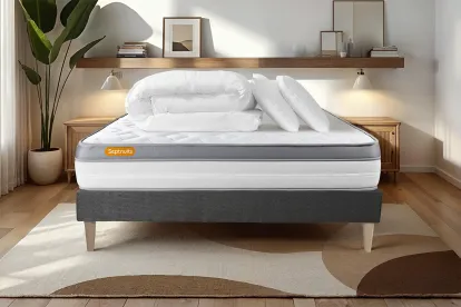 Pack lit complet 140x200 cm - Matelas + Sommier Gris (en kit) + 2 oreillers + Couette - Memo Zen