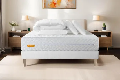 Pack lit complet 200x200 cm - Matelas + Sommier Blanc (en kit) + 2 oreillers + Couette - Memo Bio