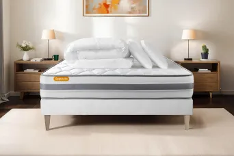 Pack lit complet 140x200 cm - Matelas + Sommier Blanc (en kit) + 2 oreillers + Couette - Memo Spring