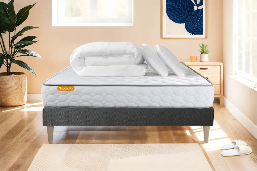 Pack lit complet 140x190 cm - Matelas + Sommier Gris (en kit) + 2 oreillers + Couette - Memo