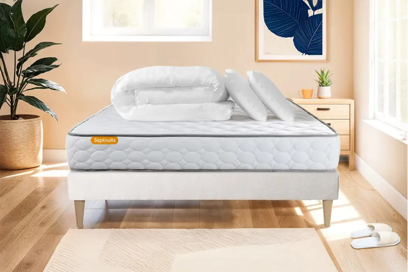 Pack lit complet 200x200 cm - Matelas + Sommier Blanc (en kit) + 2 oreillers + Couette - Memo
